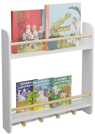Relaxdays Kinderregal, 2 Fächer & 4 Haken, Bücherregal für Kinder, Wand, HxBxT: 62,5 x 60 x 12 cm, hängend, weiß/Natur