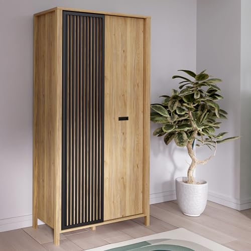 FORTE JYTANA Kleiderschrank 97, moderner Schrank mit Lamellendetail, 2-türig, Holzwerkstoff, Mauvella Eiche Dekor, 97 cm breit, 200,3 cm hoch, 52,7 cm tief