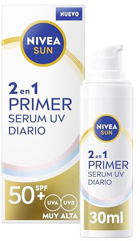 Nivea Sun Primer 2in1 Tägliches UV-Serum, Gesichtsserum mit Sonnenschutz LSF 50+, Gesichts-Sonnenschutz schützt und glättet die Haut, Sonnencreme mit Hyaluronsäure und Lycocalcon A, 1 x 30 ml