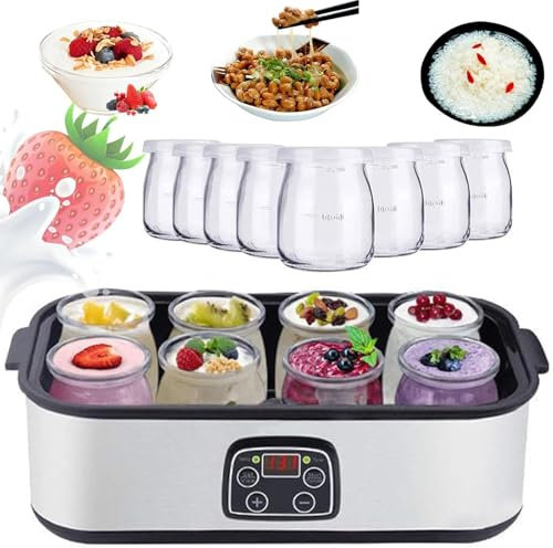 Yaourtière Numérique 1400ml avec 8 Pots en Verre, Machine à Yaourt Automatique avec Température & Minuterie Réglables, Fermentateur Multifonction pour Yaourt Maison & Probiotiques