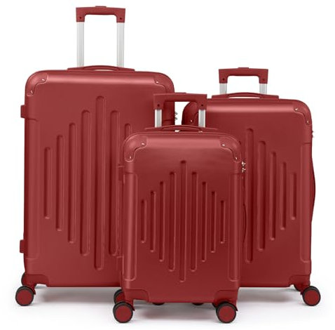 LEADZM Kofferset 3 teilig, Reisekoffer Set mit Eckenschutz, Koffer Set Hartschalen-Trolley aus ABS mit Teleskopgriff, Handgepäck, Diamantförmige Vertikale Streifen (Burgunderrot)