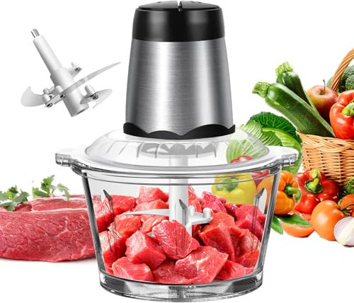 Mini Chopper, Blender, 300W Mini Food Processor Vegetable Chopper 2L Glass Bowl, Meat Grinder with 4 Double Blades for Meat, Vegetables and Fruit [Energy Class A]