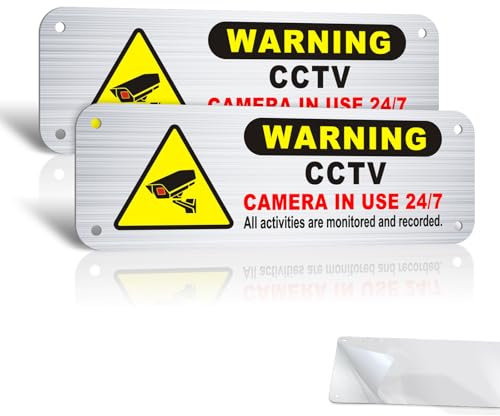 2 Pack CCTV Sign Stickers,15x5cm CCTV Warning Sign with Self-Adhesive,Metal Aluminum Camera for Windows,with Pre-Drilled Holes,for Home and Business,Outdoor Indoor Use