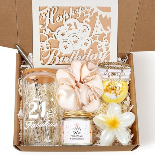 Frerdui 21st Birthday Gift for Her, Unique 21 Year Old Birthday Gifts for Women, 21 Bday Decorations for Her, Gift for 21st Bday Woman w/ 16oz Coffee Cup, Candle, Bracelet, Hair Clip, Card, 7PCS