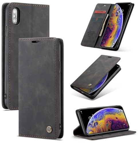 Ottcooed Handyhülle für iPhone XS Max Hülle, Premium Leder Flip Case, Magnet Klappbar Klapphülle Tasche, Standfunktion Kartenfach Wallet Schutzhülle für iPhone XS Max, Schwarz