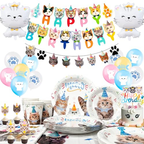 93 Pcs Juego de decoraciones para fiestas de cumpleaños de gatos | para 16 Personas Vuelta al Cole, Halloween, Navidad y Cumpleaños de Mascota, con Platos, Vasos, Mantel, Banderín y Toppers