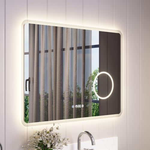 DeerValley Badspiegel mit Beleuchtung und Anti Beschlag 80x60cm | 3X Vergrößerung, 3 Farbtemperaturen, 3-stufig dimmbar, Speicherfunktion, Touch-Schalter und Digitale Uhranzeige