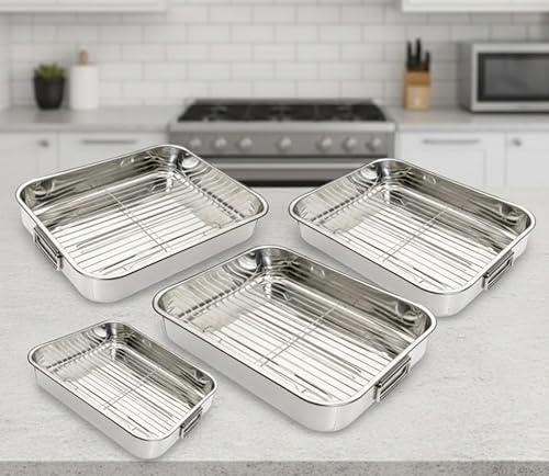 4 Piece Roasting Pan Set with Racks, Oven Roaster Trays for Meat, Chicken and Vegetables, Easy Clean Bakeware Set