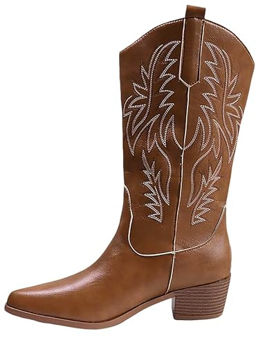 Jemnpela Stivali Western da Cowgirl da Donna con Ricami Mezzo Polpaccio Punta Appuntita Tacco Basso Massiccio a Scivolo Stile Equitazione per Concerti Country Feste e Festival