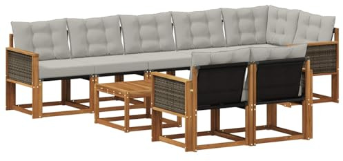 vidaXL Outdoor-Sofagarnitur mit Kissen 9 pcs Natürlich und Hellgrau, Gartenlounge, modernes Sofa für draußen, bequemes Terrassenmöbel, stylisches Sitzset