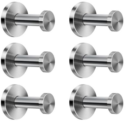 NELXULAS Brushed Stainless Steel Short Bath Towel Hooks Single Super Heavy Duty Wall Mount Hook, Fit for Bedroom,Living Room, Bathroom and Fitting Room, Office,Set of 6 in Pack