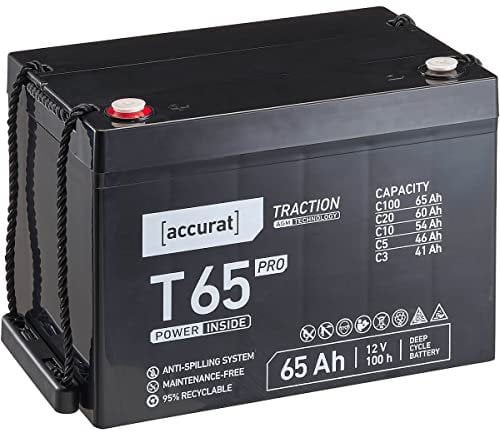 Accurat Traction T65 Pro AGM Bleiakku - 12V, 65Ah, +30% Startleistung, wartungsfrei, zyklenfest -VRLA Batterie, Bootsbatterie, USV Batterie,Versorgungsbatterie, Solarbatterie,Blei Batterie für Camping