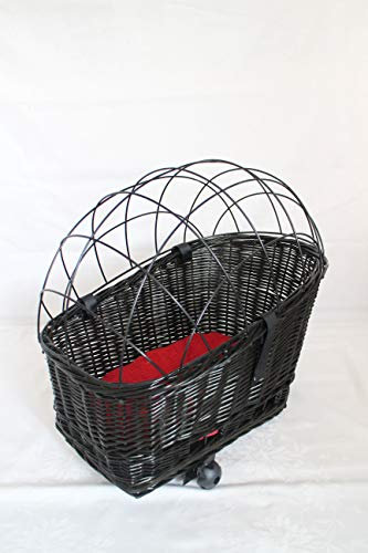 Hundefahrradkorb für Gepäckträger aus Weide mit Metallgitter und Kissen in Schwarz