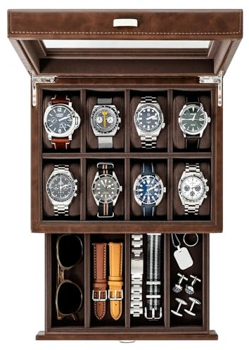 TAWBURY 8 Grid Watch Box for Men – Available in Brown & Black | Faux Leather Watch Display Case for Men | 8 Watch Case | Watch Cases for Men | Mens Watch Storage Box (Brown)