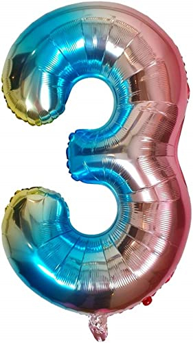 DIWULI Luftballon 3 Jahre XL Blau Regenbogen Geburtstag Deko
