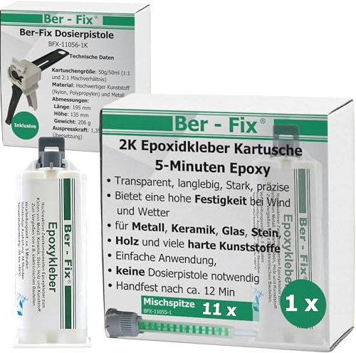 Ber-Fix 5 Min Epoxidharz Kleber EXPRESS 50g Kartusche + Pistole + 10 Spitzen 2k Kleber echter Epoxy Kleber 2 Komponenten Kleber Kunststoff Metall Glas Stein Beton Holz