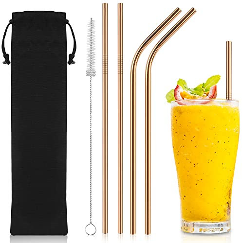 iShop Reusable Metal Drinking Straws – Set of 4 Premium Straws Rose Gold– Stainless Steel Drinking Straw with Cleaning Brush Eco-Friendly FDA BPA Free – Velvet Travel Pouch Ideal for Travel and Home