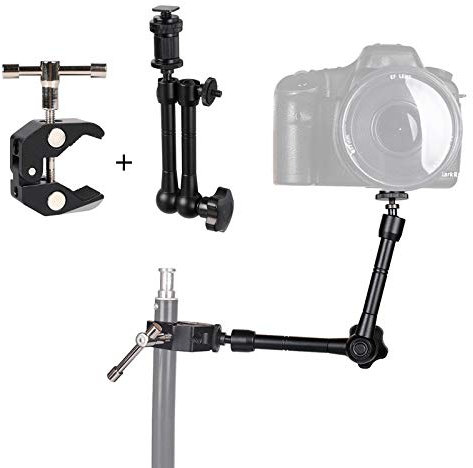 Articulating Friction Arm 11 with Large Super Crab Clamp and Hot Shoe Mount 1/4 Magic DSLR Tripod Arms Kit for Photography, Video, Camera Rig, LED Light, Flash Light, LCD Monitor