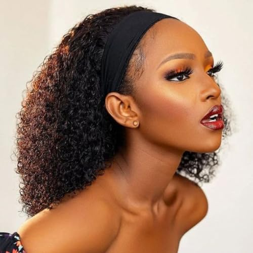 FZYHair Curly Human Hair Wigs 10A Headband Wigs For Black Women, 14 Inch Glueless None Lace Front Wig 150% Density Brazilian Curly Wave Half Wig