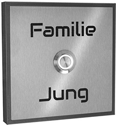 Jung Edelstahl Design Aufputz Türklingel Bochum 1AG 11x11 cm verschiedene Motive. Klingelschild für jede Haustür. Viele Motive z.B. Hund, Katze, Pferd, Herzen und Pusteblume