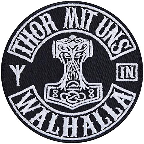 Wikinger Aufnäher | THOR MIT UNS IN VALHALLA | Vikings Patch bestickt Mjölnir Thors Hammer Bügelbilder Wikingerschild Aufbügler Vikings Applikation zum aufbügeln | 90x90mm