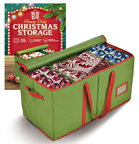 Holiday Cheer Premium Christmas Bauble Storage - Christmas Storage Container Perfect for Holiday Decorations and Ornament Storage Box - Fits 128 Holiday Ornaments - Tear-Proof Fabric (Green)