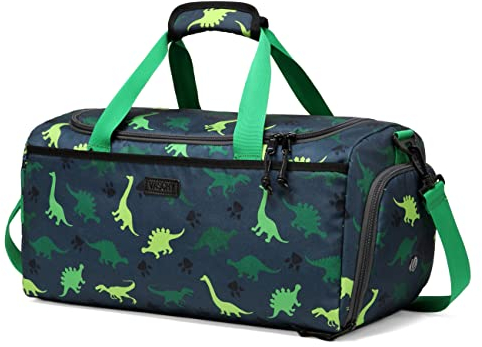 Kinder Duffle Bag, VASCHY Reisetasche für Kleinkinder Kinder Jungen Wasserabweisend Über Nacht Duffel Ballett Tanz Sport Carry On Weekender Bag mit Schuhfach Dry Wet Pocket Grün Dinosaurier