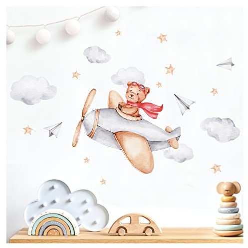 Little Deco Wandsticker Bär im Flugzeug Wandtattoo für Kinderzimmer Teddybär Bärchen Babyzimmer Wandaufkleber Wanddeko DL871-8