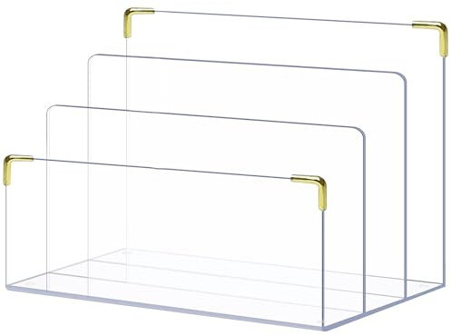pbf Acrylic File Holder | Clear File Organizer for Desk w/ Gold Accents | Acrylic Desk Organizer, Folder Holder, Mail Sorter, File Stand, Magazine Divider, Laptop, Notebook, & Letter Organizer