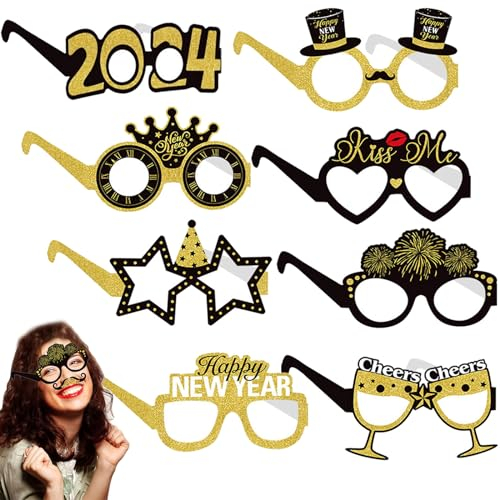 Qunkun Silvester Deko, Silvester Brille, 8 Paar Frohes Neues Jahr Brillen, 2025 Happy New Year Brillen, NeuJahr Deko, Happy New Year Deko, Silveste Party Zubehör für Silvester Party Dekoration