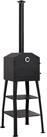 Garten-Backofen Pizza-Ofen Pellet-Ofen mit Schamottesteinen und Thermometer, Gartenküche Holzbackofen Pizza-/Brotbackofen, Schwarz 54 x 59 x 203 cm