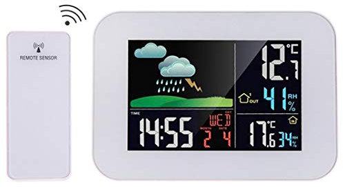 Reloj Despertador Radio Junto a la Cama estación meteorológica inalámbrica Escritorio Pared Pantalla a Color Barómetro Pronóstico del Tiempo Clima Pantalla Temperatura Interior y Exterior Snooze