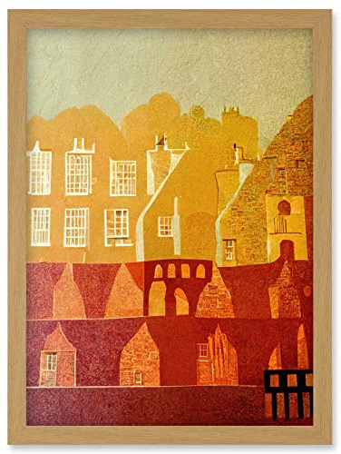 Wee Blue Coo Vintage Folk Art Mid Century Cityscape Abstract Artwork Framed Wall Art Print A4