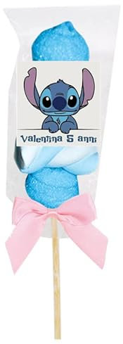 Spiedini di Marshmallow con tag personalizzabili personaggio a scelta kit fai da te per caramellata regalini fine festa compleanno party gadget cotillon (Stitch)