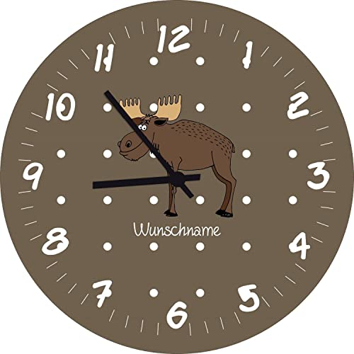ShirtInStyle Kinderzimmeruhr mit Tiermotiv Hirsch Elch mit Wunschnamen Geschenk Uhr Kinder Handmade Wanduhr Wunschtext Name, 29cm, Walnuss