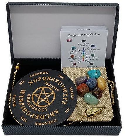 Taschen Pendel Set Messing Pendel mit Schrauböffnung Pendelboard 7 Chakra Edelsteine in Geschenkbox | Metaphysik Esoterik Hexerei