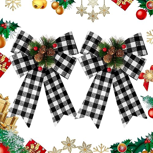 COLOFALLA 2 Stück 22.8x30cm Weihnachten Schleifen Groß Weiß Schwarz Kariert mit Tannenzapfen Weihnachtsschelifen Bogen Weihnachtsbaumschmuck Weihnachtsbaum Schleifen Deko (BK)