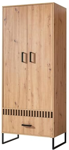 MINIO go for it - Kleiderschrank Melle, 80x196x50 cm, Garderobe 2 Türen, 1 Schublade,1 Einlegeboden und 1 Kleiderstange, Metallfüße, Metallgriffe, Dekorpaneel - Artisan Eiche/Schwarz Matt