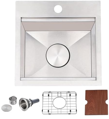 VAPSINT - Fregadero de cocina pequeño de 15 pulgadas, de 15 x 15 pulgadas, con estación de trabajo, hecho a mano, de acero inoxidable, calibre 16, con escurridor, tabla de cortar, rejilla de botones