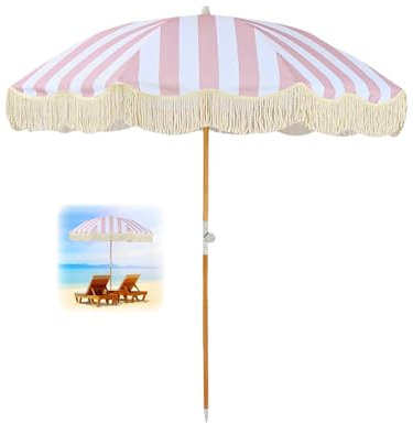 Parasol rose avec frange, 180 cm, parasol de plage pour sable, UPF 50+, parasol de terrasse inclinable, imperméable et portable avec sac de transport pour jardin, piscine, 8 baleines, 1 couleur,