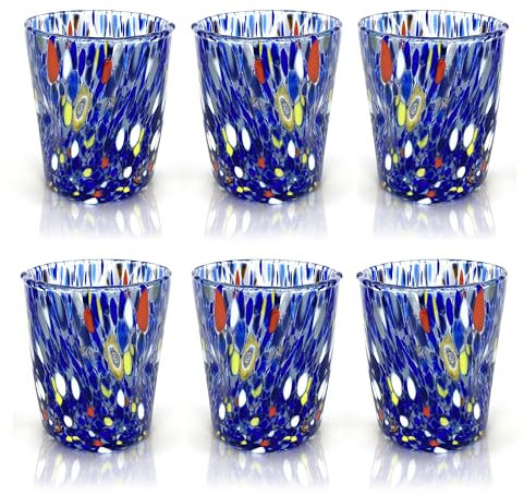 MAZZEGA ART & DESIGN - 6 Goto Tumbler Gläser aus Glas, mundgeblasen und handgearbeitet mit Murano-Murrine - Die Farben von Murano - Wasserglas Tumbler 350 ml. Made in Italy (6, Blau)
