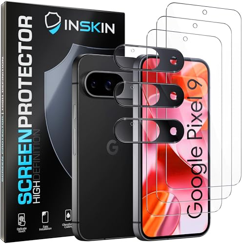 Inskin Screen Protector for Google Pixel 9 (6.1 inch, 2024) – 3-Pack Tempered Glass for Screen & 3-Pack for Camera Lens, Fingerprint ID Support, Plasma Coating, Case-Friendly Design