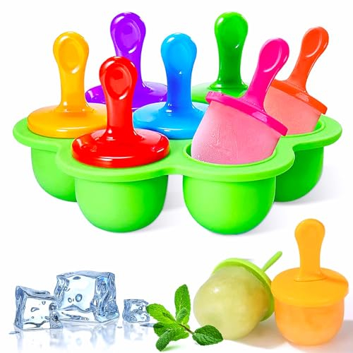 Molde para Helados,7 Cavidades Moldes para Hielo Mini Popsicle Mold Sin BPA Reutilizable Poleras Helado con Palitos de Plástico Coloridos para Bebés,Hielo,Chocolate,Paletas de Hielo,Helado