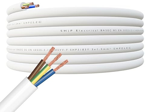 SHPELEC® FLEXIBLE White Cable 3183Y 0.75mm, 1.0mm, 1.5mm, 2.5mm BASEC Approved White PVC LED Lighting 5m 10m 15m 20m 50m (1.5mm 3 Core - 60metres)