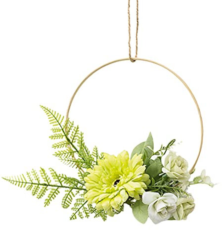 Floral Hoop Wreath 7.5 Inch Artificial Flower Wreath Round Wooden Frame Garland for Door Wedding Party Home Decor Green Gerbera Daisy Summer Home Use