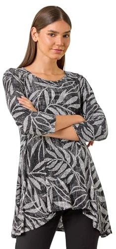 Roman Originals Hanky Hem Tunic Top for Women UK - Ladies Longline Blouse Asymmetric Hemline Casual Slouch Loose 3/4 Sleeves Round Neck Relaxed Comfortable Holiday - Noir Grey - Size 14
