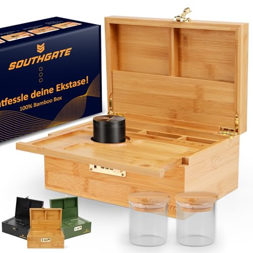 SOUTHGATE Premium Geschenk Set, Abschließbare Bambus-Box, Aufbewahrungsbox mit abnehmbarem Tablett(25 * 17 * 11 CM, Bambus)