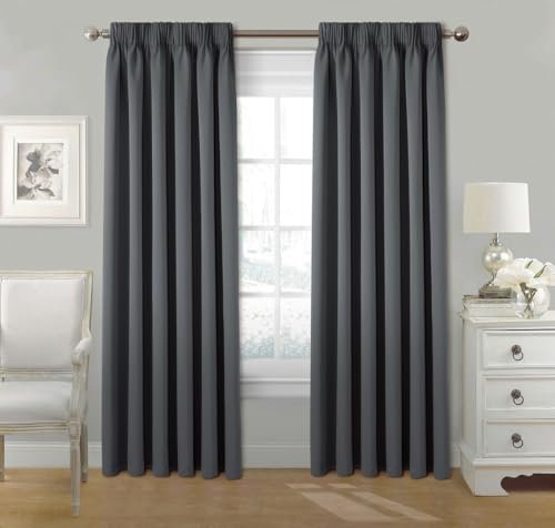 StylemyBedroom Pair Pencil Pleat Tape Top Plain Thermal OUT LINED Curtains with Tie Backs 46 x 90 - Grey