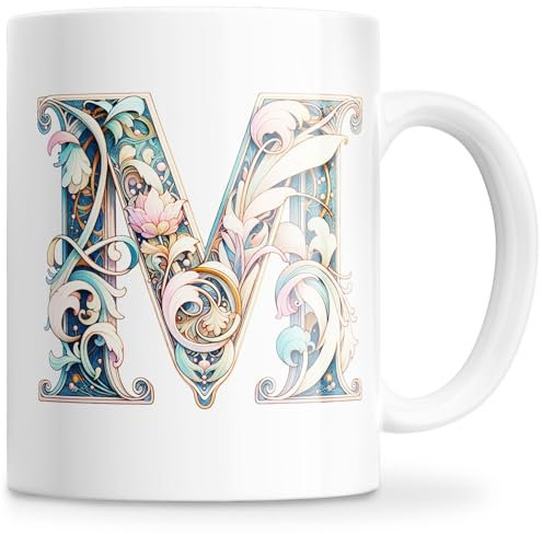 Tazza personalizzata con lettera iniziale del nome - Tazza in ceramica 350 ml con motivo floreale, regali originali per donne, mamma, amici, lavabile in lavastoviglie e forno a microonde (M)