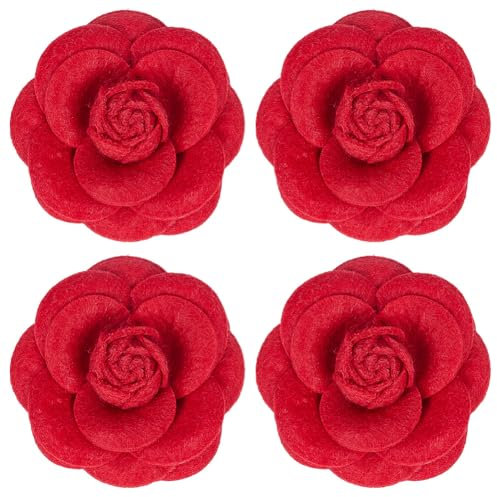 CREATCABIN 4 Paquet Broche Fleur Camélia Rouge Broche Fleur Vintage Broche pour Robe Costume Accessoires Faits Main Essentiels pour Femmes Hommes Mariage Masque Fête Cadeau Saint Valentin 6.8x6.8cm